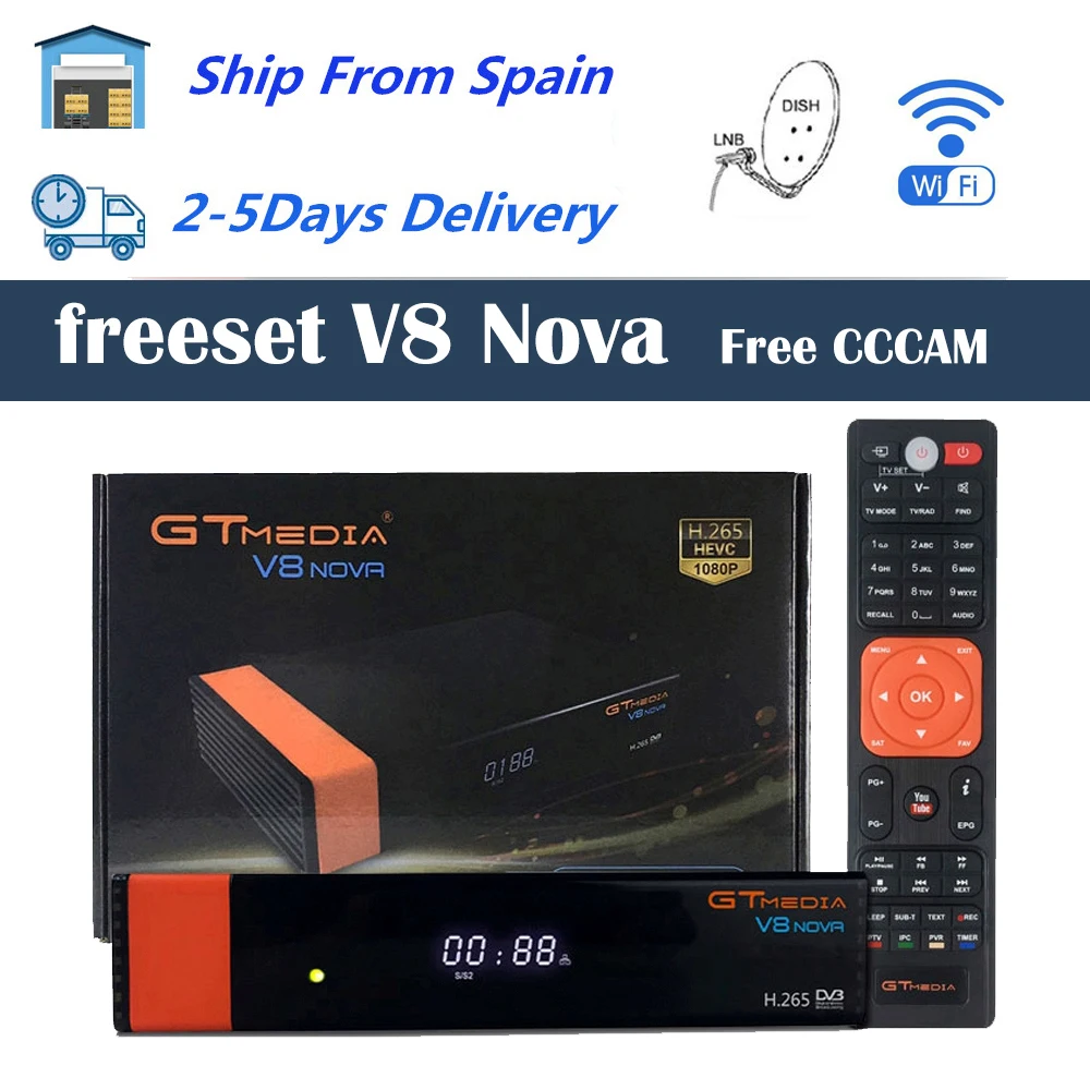GT медиа V8 Nova DVB-S2 Freesat спутниковый ресивер H.265 встроенный wifi 2,4G 5G+ 18 месяцев Европа Испания CCcam 7 Clines телеприставка
