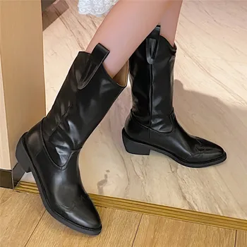 

New Fall Winter Western Cowboy Boots Flat Crude Heel Belt Mid-Calf Women Shoes Pointed Slip-On Leather Booties Botas De Mujer
