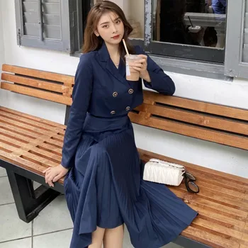 

2020 Autumn Elegant Office Work Wear skirt Suits OL 2 Piece Sets Solid short Blazer Jacket & High waist Midi pleated Suit Femme