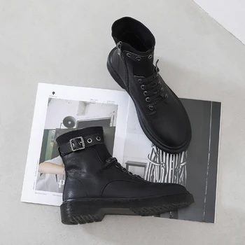 

Autumn Winter genuine Leather Women's Ankle Boots Cross Tied Round Toe Thick low Heels boots Party Working Shoes Woman