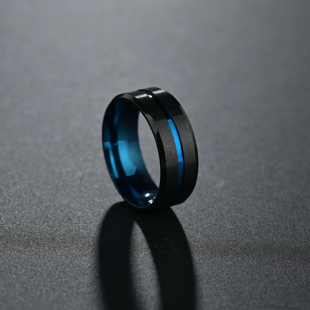 Men's Fashion 8MM Black Brushed Ladder Edge Stainless Steel Ring Blue Groove Men Wedding Ring Gifts For Men - Image 4
