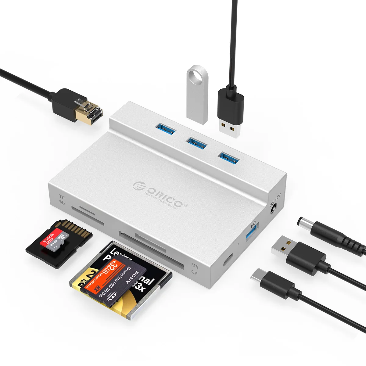 ORICO Мульти USB 3,0 концентратор для RJ45 SD/TF/ms/CF Тип C адаптер OTG сплиттер Поддержка BC1.2 Зарядка для компьютера ноутбука аксессуары