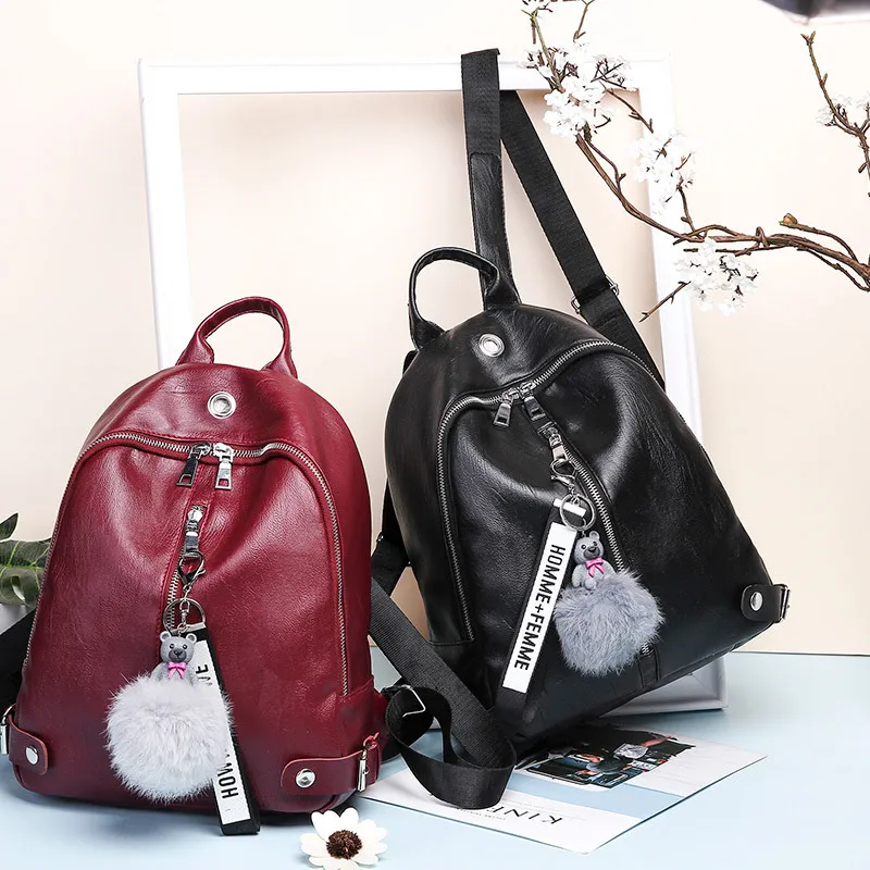 Осень и зима стиль Pu кора женская сумка Подвеска пушистый шар лента повседневный рюкзак для путешествий от производителя 208