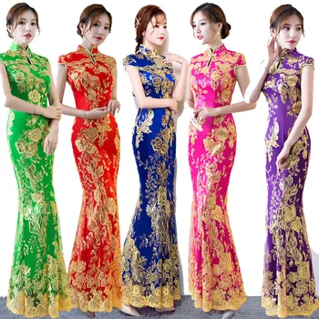

Stage Performance Women's Fashion Temperament Lace Embroidered Sequin Slim Long Fishtail Stage Performance Retro Cheongsam Dress