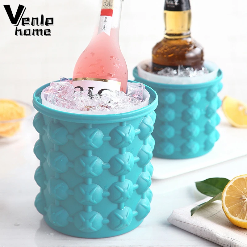 2 In 1 Silicone Ice Bucket Mold With Lid Space Saving Cube Maker Champagne Whisky Beer Ice Cooler Beer Cabinet For Party Barware