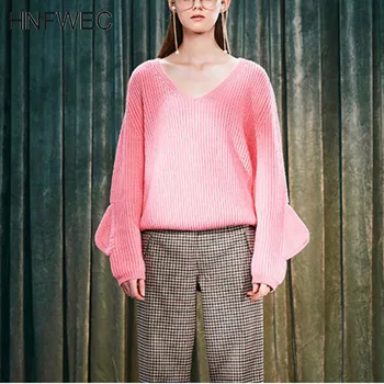 

Cute Knitted Sweaters Women 2019 Winter Autumn Casual V Neck Women Pullover Sweater Long Sleeve Pink Jumper Mujer Y971