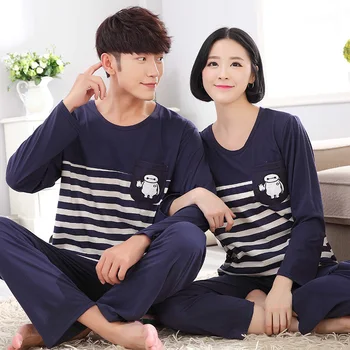 

Plus Size Couples Thin Cotton Striped Pajama Set Women Long Sleeve Cute Cartoon Sleepwear Pijama Mujer Men Homewear Home Clothes
