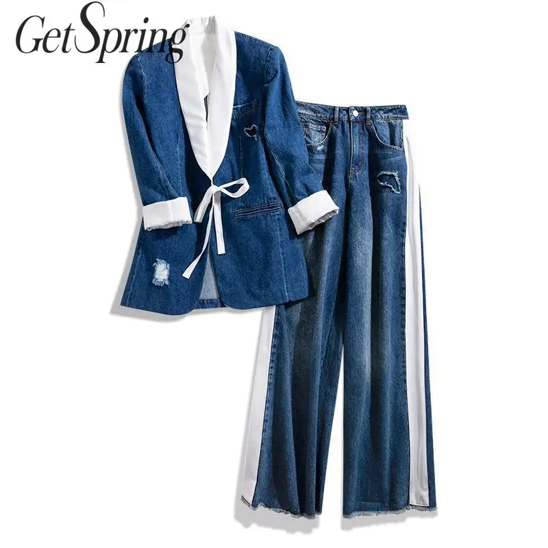 Getвесна, Женский комплект, на шнуровке, с дырками, женское джинсовое пальто, высокая талия, прямые, из кусков, джинсовые штаны, комплект из двух частей, топ и штаны, весна
