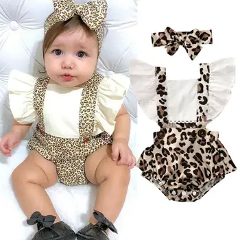 

Newborn Baby Girl Clothes 2020 New Brand Summer Princess Leopard Jumpsuit Fly Sleeve Patchwork Bodysuit Headband Outfits 0-24M