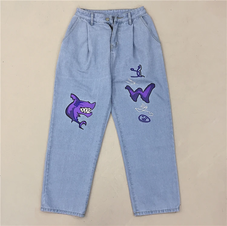 blue jeans Харадзюку хип хоп джинсы мужские свободные прямые брюки джинсы унисекс Женские Осенние Японская уличная одежда граффити Брюки женские джинсы - Цвет: blue jeans