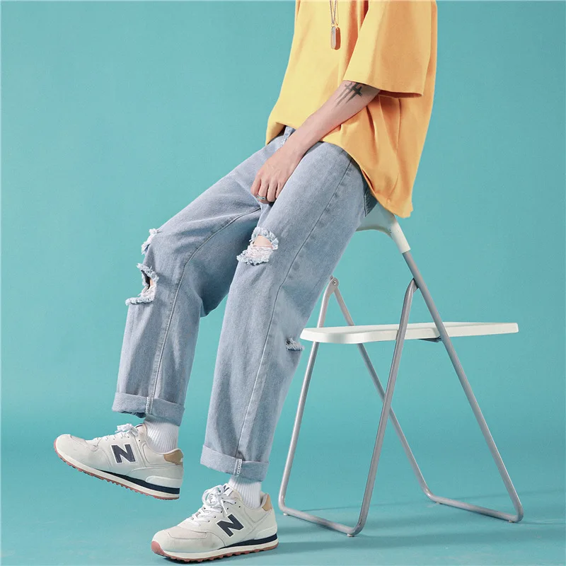 ICCLEK Fall Hiphop Jeans Hip Hop Ripped Jeans Men's Straight Pants Distressed Jeans  Patchwork Jeans  Men Clothing