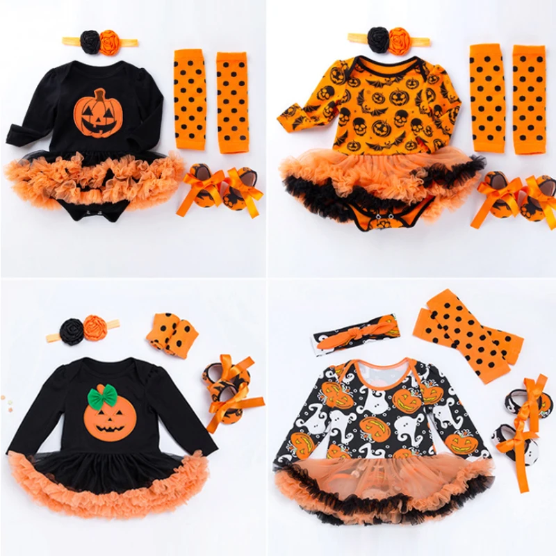 

Newborn Infant Baby Girls Clothes Sets Babies Cotton Triangle Bodysuit Long sleeved Cute Clothes Halloween Pumpkin Dress Suit