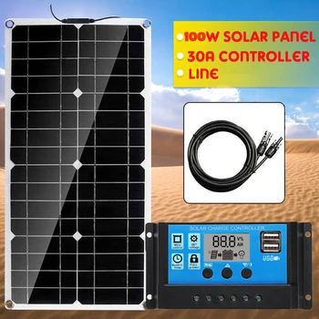 

100W Solar Panel Dual USB 18V Solar Power Panels+Line+30A Solar Charge Controller for Outdoor Camping Car Boat Solar Battery