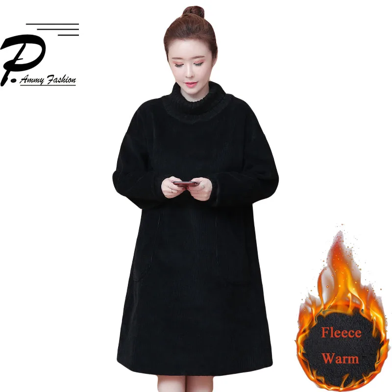 

Warm Fleece Lining Turtleneck Plus Size Corduroy Jumper A-Line Dress 2019 Winter Women Thicken Long Sleeve Loose Tunic Pullover