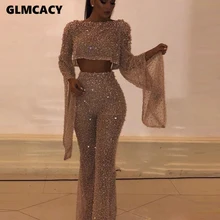 Женские сексуальные блестящие комбинезоны с открытой спиной, вечерняя Клубная одежда, сексуальные длинные Комбинезоны, шикарные наряды для танцев
