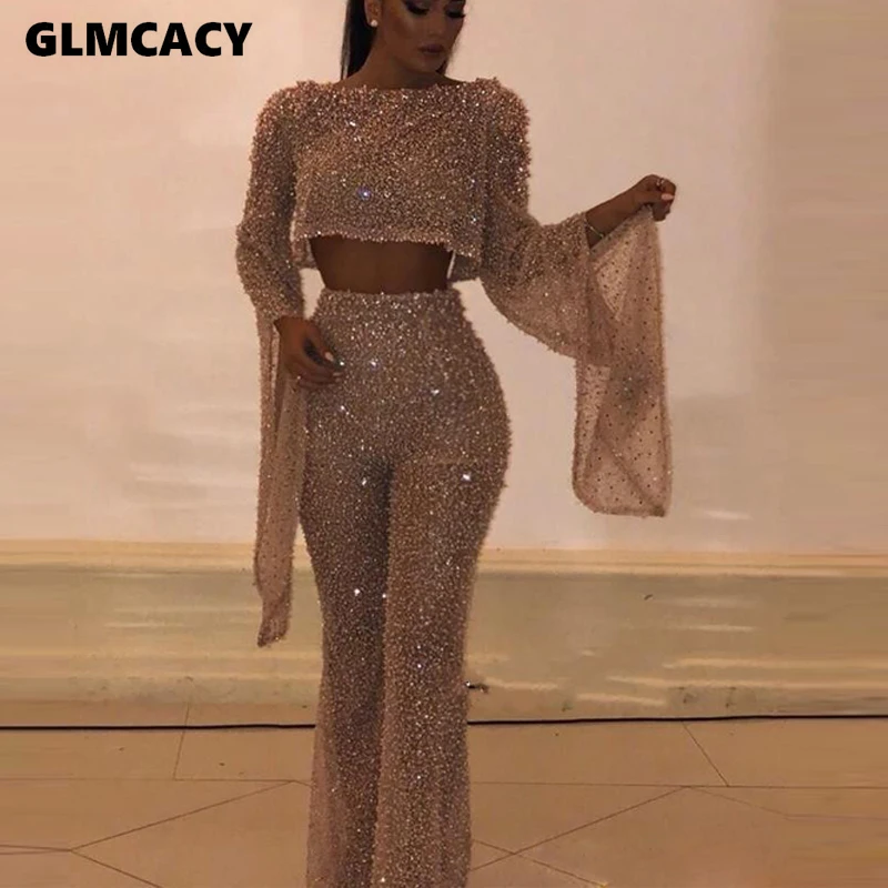 Najtaniej Kobiety Sexy brokat świecący Backless kombinezony strój wieczorny, na imprezę Sexy długie ogrodniczki Chic tancerz wyjściowa stroje