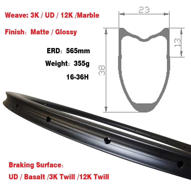 355g Super Light Road Rim Tubular Erd 565mm Carbon Rim 700c Wheel Road