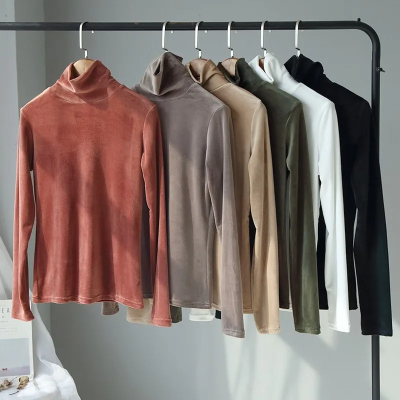 

Velvet women t shirt high elastic high neck women tshirt thick solid color korean clothes long sleeves inside the clothes