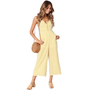 

Striped Deep V Neck Sleeveless Sexy Jumpsuit 2020 Casual Wide Leg Bodysuit Backless Elegant Boho Button Combinaison Femme Summer