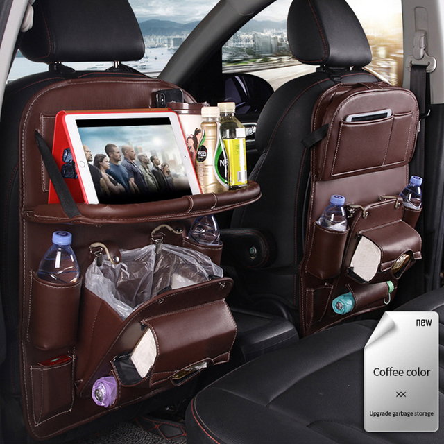 Leather Car Seat Back Organizer Tray Travel Car Storage Organizer Pad Bag With Foldable Table Car Trash Can Auto Accessories