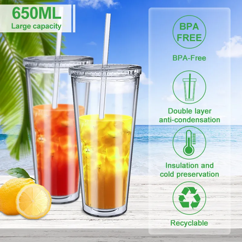 TCJJ Straw Cup With Lid Double-layer Reusable Drinking Cup Plastic Tumbler Transparent Tea Fruit Coffee Mugs DIY Water Bottle water cup