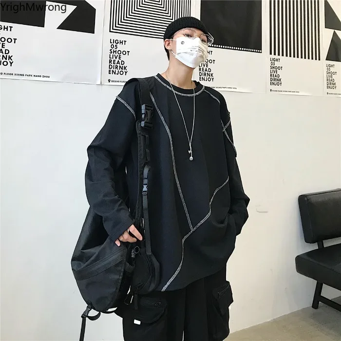 Хип-хоп панк Футболка Топ Harajuku уличная Корейская длинный рукав однотонный графический пуловер свободные негабаритные осень зима