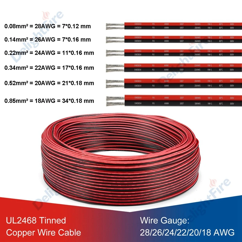 UL2468 2 Pin Electric Cable 26/24/22/20/18AWG Tinned Copper Wire Electrical Wire For Speaker Fan Led Strip Light Solar Panel