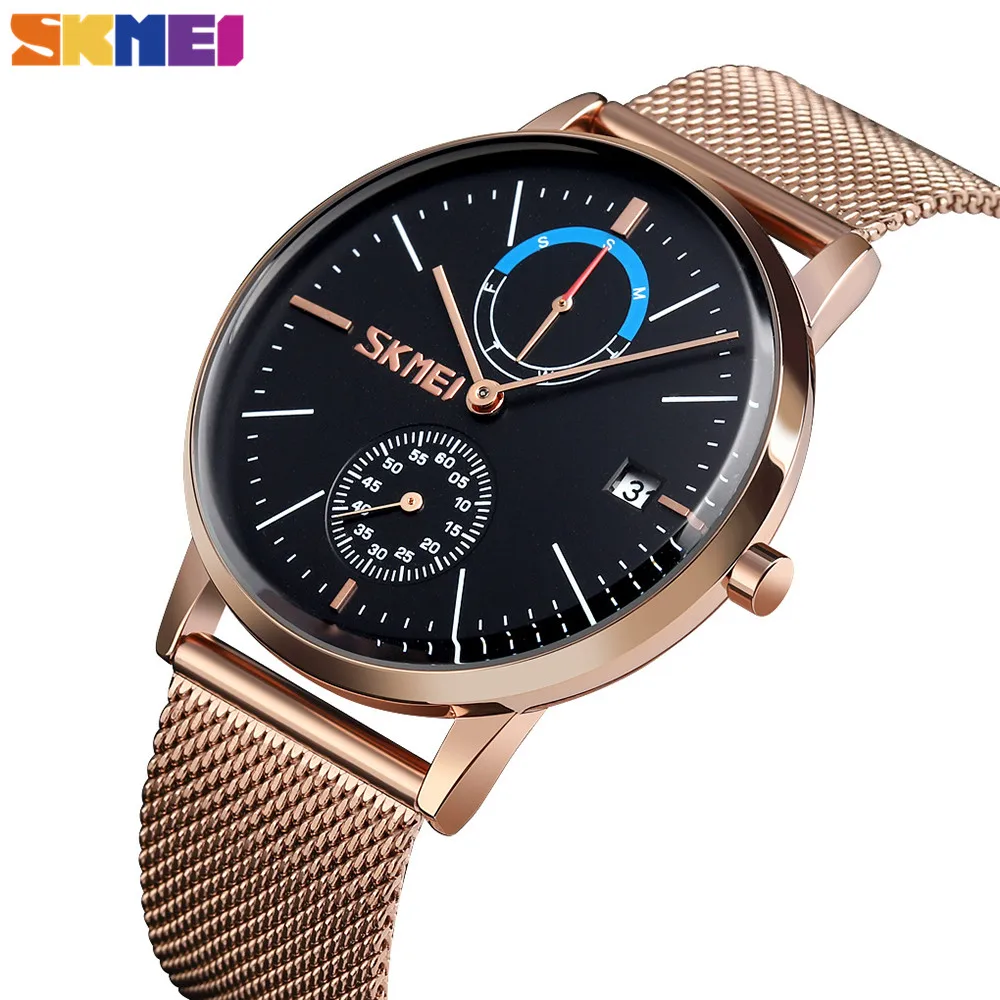 

SKMEI Fashion Quartz Men Watch Business Stainless Steel Strap Women Watches Calendar Week Display Waterproof Wristwatch 9182
