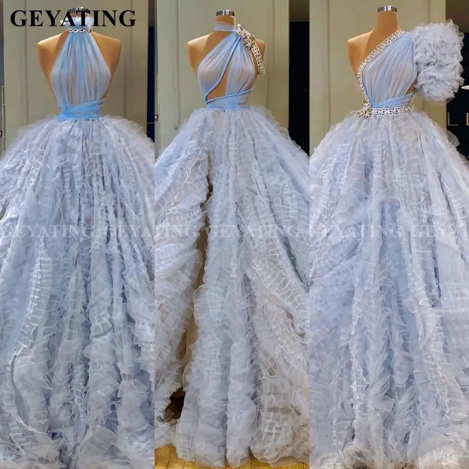 Arabisch Sky Blue Tulle Baljurk Prom Dresses 2020 Hoge Hals Een Schouder Ruche Zoete 16 Quinceanera Jurk Avondfeest jassen Arabisch Sky Blue Tulle Baljurk Prom Dresses 2020 Hoge Hals Een Schouder Ruche Zoete 16 Quinceanera Jurk Avondfeest jassen