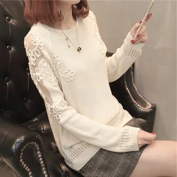 

Female autumn and winter long-sleeved hollow round neck lace embroidered sweater bottoming shirt loose sweater