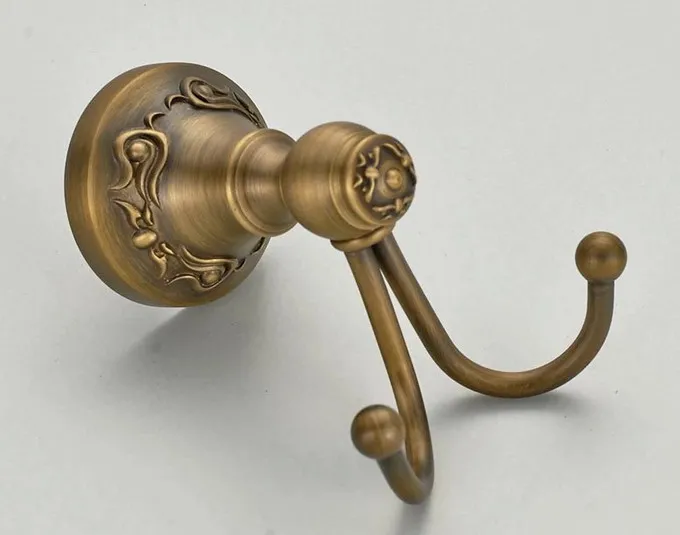 1Pcs Antique Brass Carved Pattern Wall Mounted Double Robe Hooks Coat Hat Towel Hook Hanger Bathroom Accessory aba431