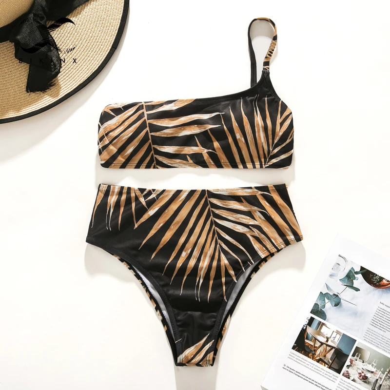 High waist bikinis 2020 mujer vintage leave print swimsuit women bathers metal swimwear one shoulder biquini bathing suit bather High waist bikinis 2020 mujer vintage leave print swimsuit women bathers metal swimwear one shoulder biquini bathing suit bather
