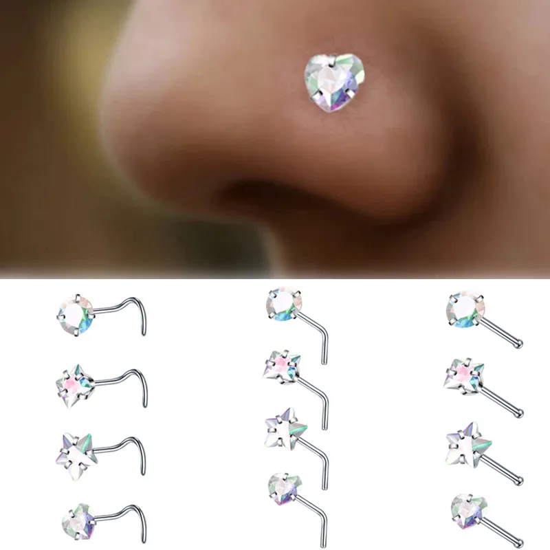 4PCS Chirurgische Stahl Herz Nase Ring Stud Packung Echt Sterne L Form Nase Piercing Stud Set Quadratische Nase Ringe set Piercing Nariz Lote – Detail 1