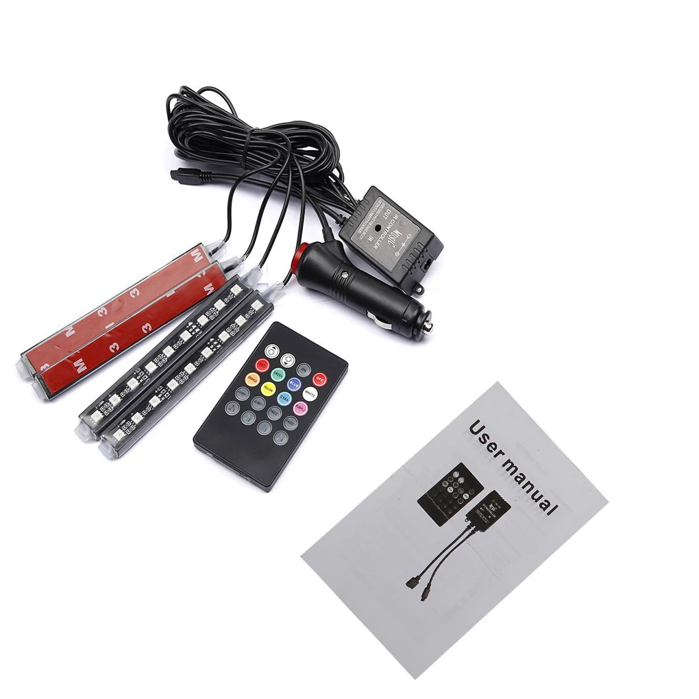 4 шт./компл. RGB 7 цветов 9SMD 5050 светодиодный неоновая лента атмосферный свет музыка дистанционное управление салона автомобиля модные украшения