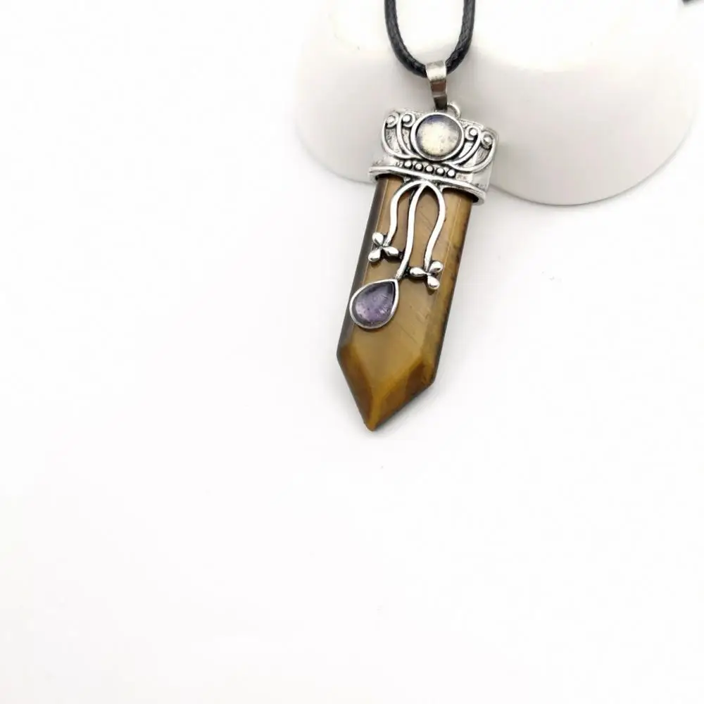 6 Reiki Natural Gem Stone Sword Pendants Pendulums Labradorite Pink Quartz Lapis Lazuli Black Obsidian Tiger Eye Jewelry 1PCS - Окраска металла: 6