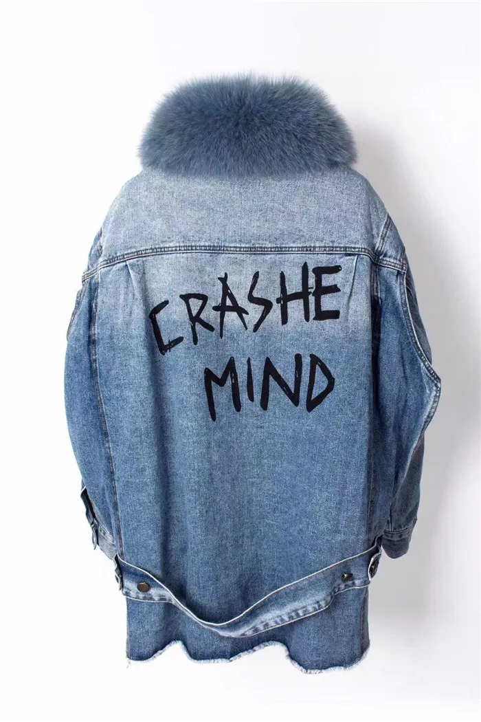 real fur coat Winter Jacket Women Coat Real fox Fur lined denim jacket Parka back letter print