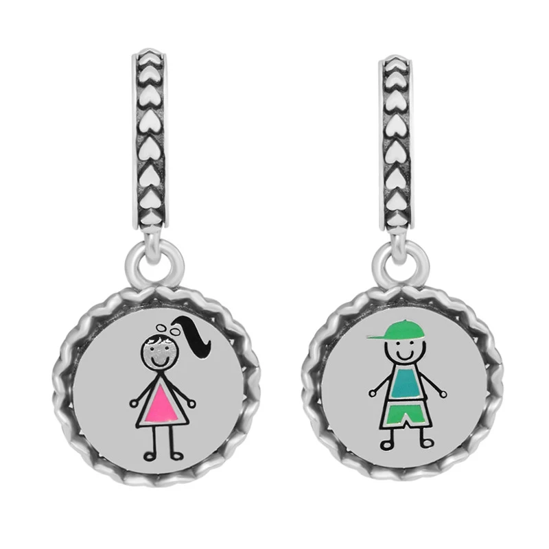 

2 Types Boy & Girl Stick Figure Dangle Charms For Silver 925 Original Chain Bracelets Family Son & Daughter Pendants Jewelry DIY
