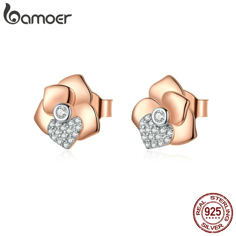 Bamoer розовое золото цвет цветок орхидеи Серьги гвоздики для женщин 925 пробы серебро Роскошные CZ свадебные массивные украшения SCE811