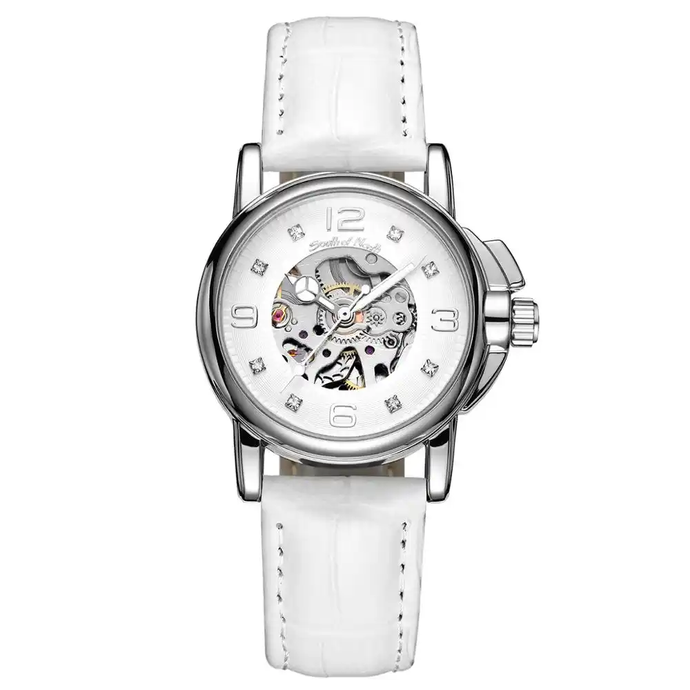 新レディースダイヤモンドディスプレイ女性トップブランドの高級白シンプルなスケルトン透明ケース自動機械式時計 レディース腕時計 Aliexpress