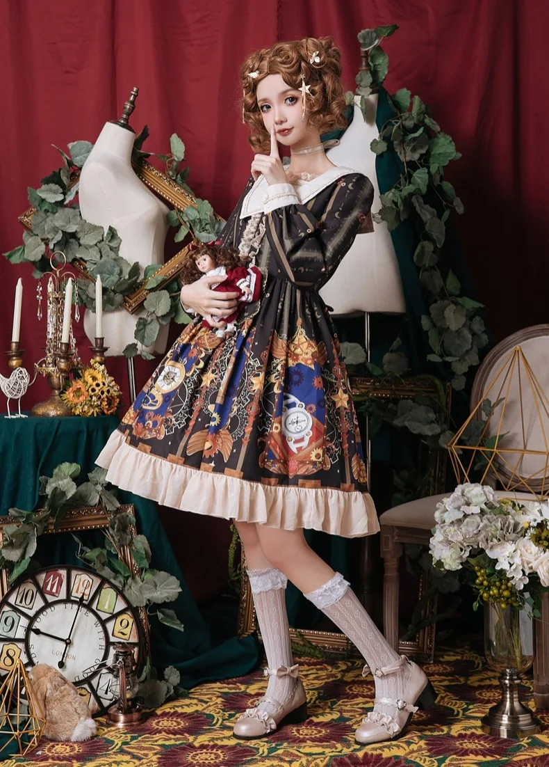 Милое платье принцессы в стиле «лолита»; оригинальное мягкое платье с длинными рукавами и принтом «лолита» для девочек; сезон весна-лето; HWK049