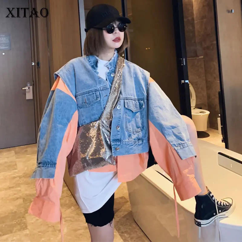 

XITAO Tide Hit Color Patchwork Denim Jacket Women Clothes 2020 Spring New Fashion Loose Personality Bandage Coat DMY3762