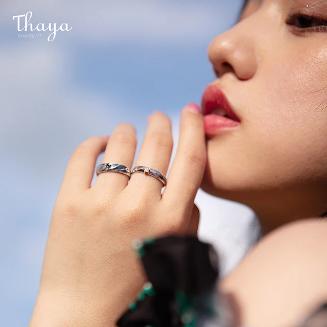 Thaya 925 Silver Sky Starry Couple Ring For Lovers Adjustable Open Design Enamel Valentine Gift  For Women men Fine Jewelry 3