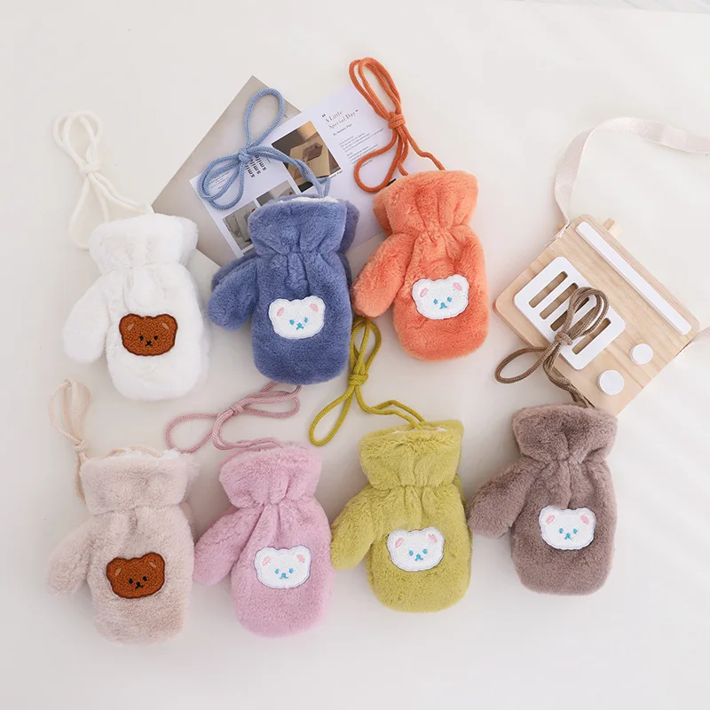 Winter Warm Baby Gloves Thick Soft Plush Cartoon Bear Kids Mittens For Baby Girl Boy Solid Color Full Finger Children Gloves