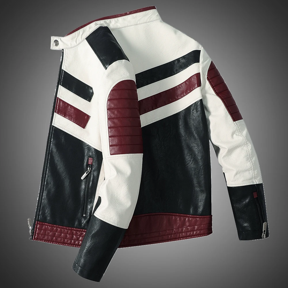 Motorcycle-Jacket Patchwork Winter Mens Autumn PU Regular Slim High-Street Striped