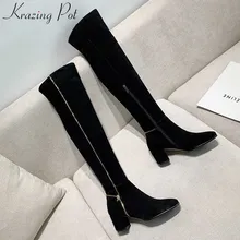 Krazing pot/Популярная модная Уличная обувь с высоким голенищем на металлической молнии; зимние теплые женские сапоги до бедра с квадратным носком на высоком каблуке; L62