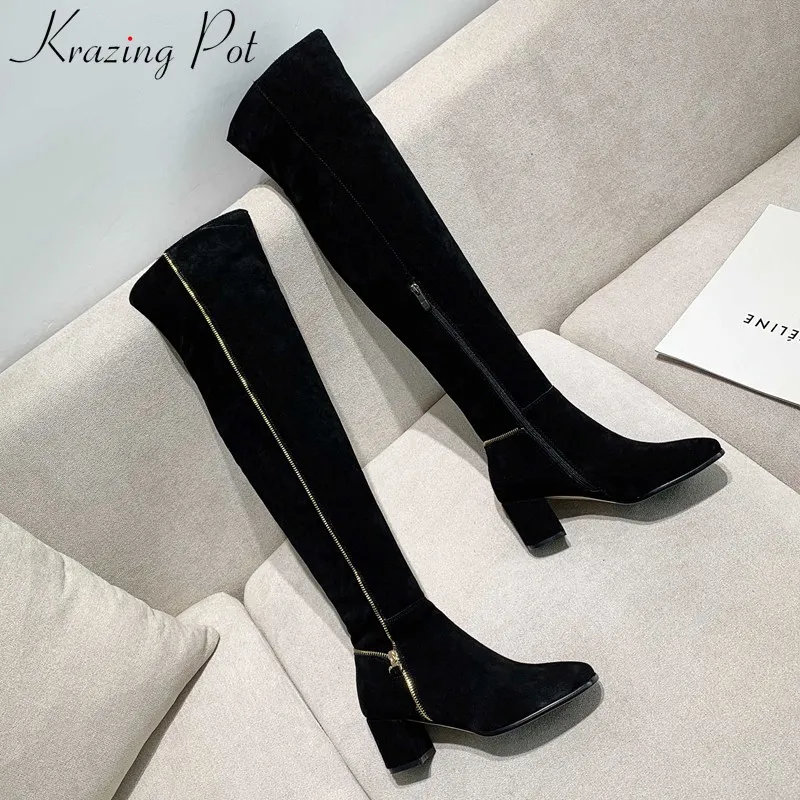

krazing pot popular fashion streetwear metal Zipper long boots square toe high heels winter keep warm women thigh high boots L62