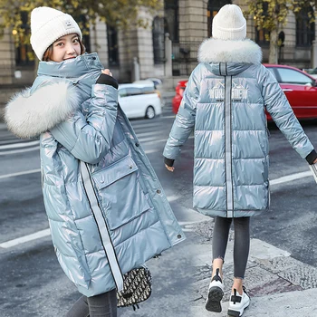 

2020 Glossy Womens Cotton Jacket Winter Loose Plus Size Long Fashion Coats Hooded Thicken Black Zipper Parka New Ropa Para Mujer