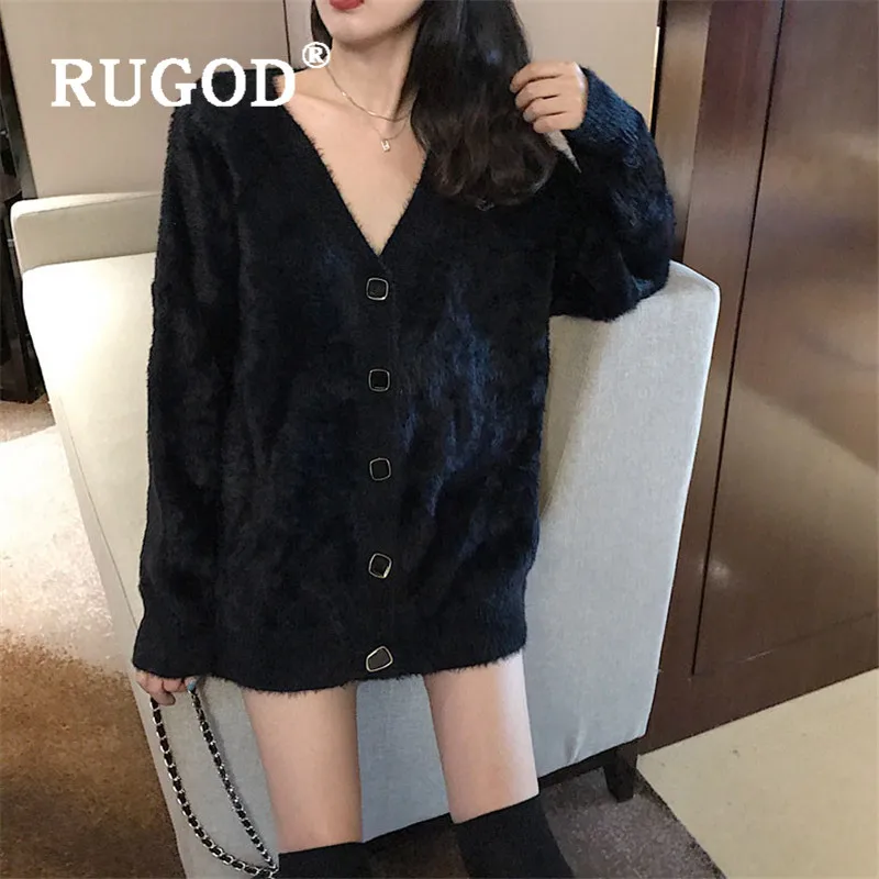 RUGOD, Новинка осени, корейский мохер, женский кардиган, v-образный вырез, однобортный, мягкий, свободный, вязаный, пальто, модный, элегантный, женский свитер