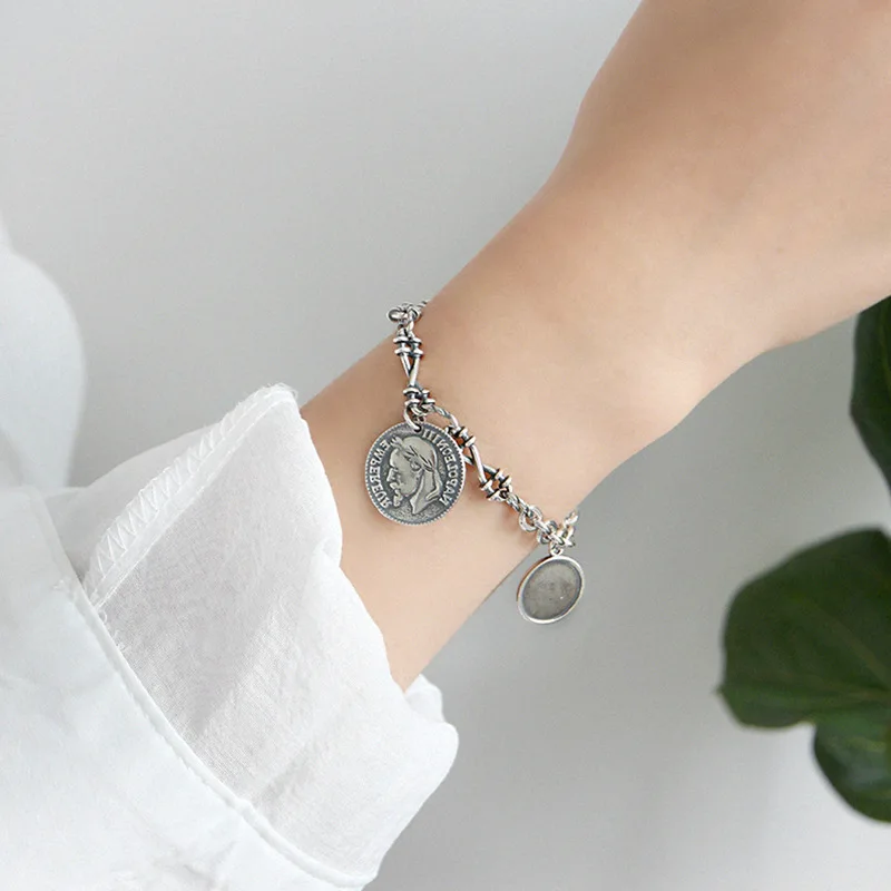 Портрет Наполеона узел Твист браслет Круглый Кулон Античный 925 пробы серебро пеньковая веревка эллипс цепь браслет длина 18,5 см