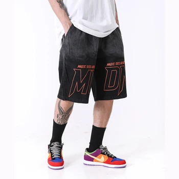 

Original Gradient Letter Washed Jeans Shorts Men Loose Casual Harajuku Drawstring Streetwear Denim Shorts Baggy Knee Length Pant